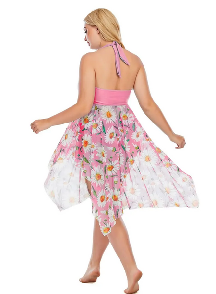 Plus Size Floral Print Irregular Hem Dress & Panty Swimsuit Set Pink