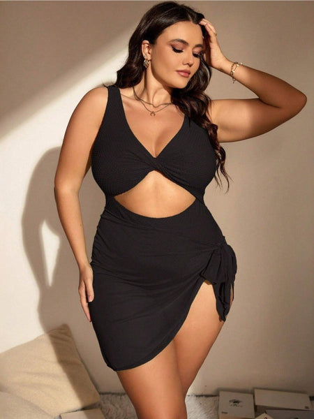 Black Solid Cut Out One Piece Swimsuit With Sarong