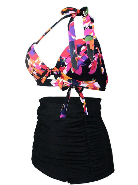 Plus Size Multicolor Floral Print Halter Backless Style Bikinis Swimwear