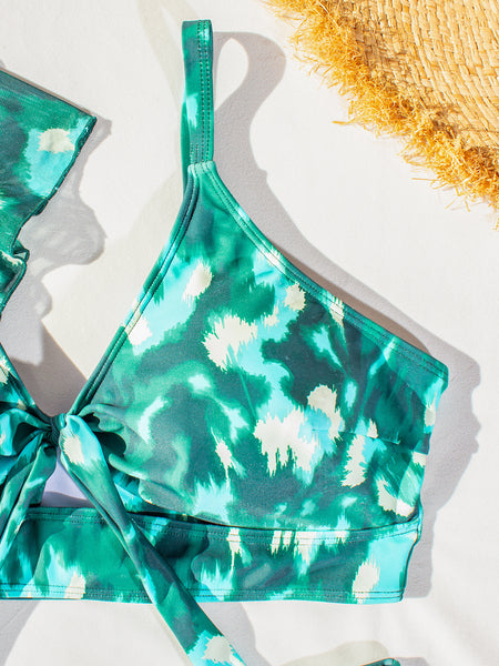 Dark Green Abstract High Waisted Bikini Set With Kimono Cover Up