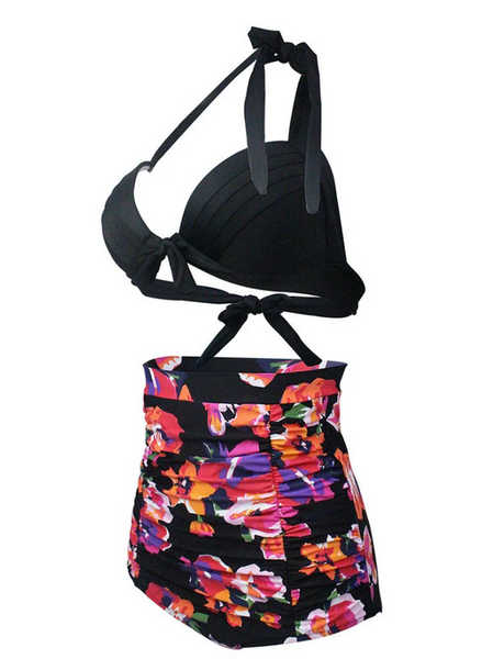 Plus Size Black Floral Print Halter Backless Retro Style Bikinis Swimwear