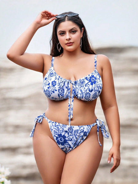 Blue Floral Tie Side Bikini Set