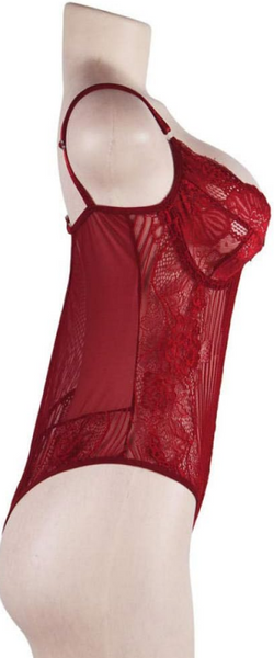 Plus Size Wine Red Glamour Underwire Sheer Lace Teddy