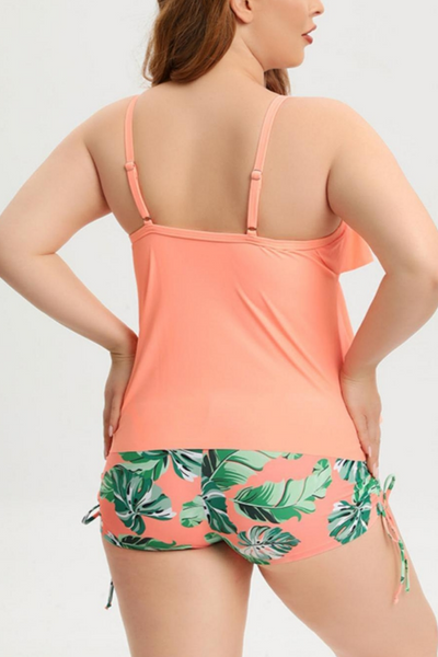 Plus Size Floral Print Orange Layered Strappy High Waisted Swimsuit