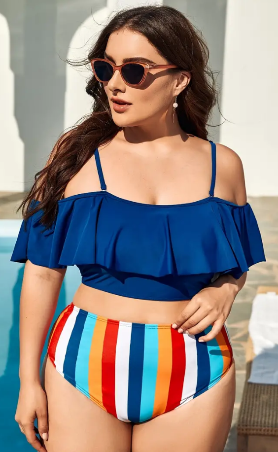 Plus Striped Blue Flounce High Waisted Bikini Swimsuit