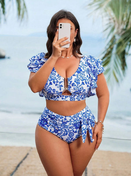 Blue Floral Ruffle Bikini Set