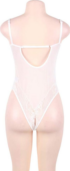Plus Size White Glamour Underwire Hollywood Sheer Lace Teddy With Steel Ring