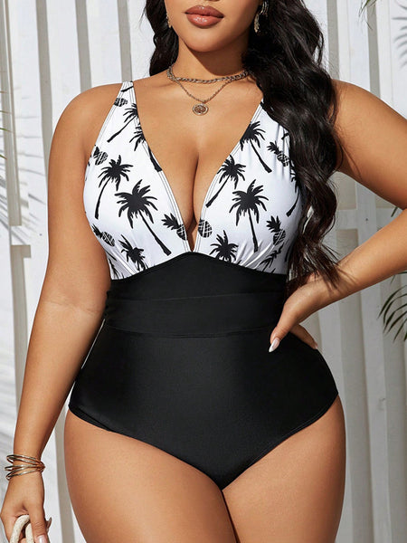 Multicolor Tropical Deep V One Piece Swimsuit