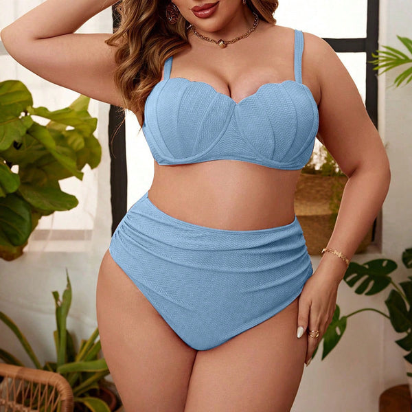 Blue Solid High Waisted Bikini Set