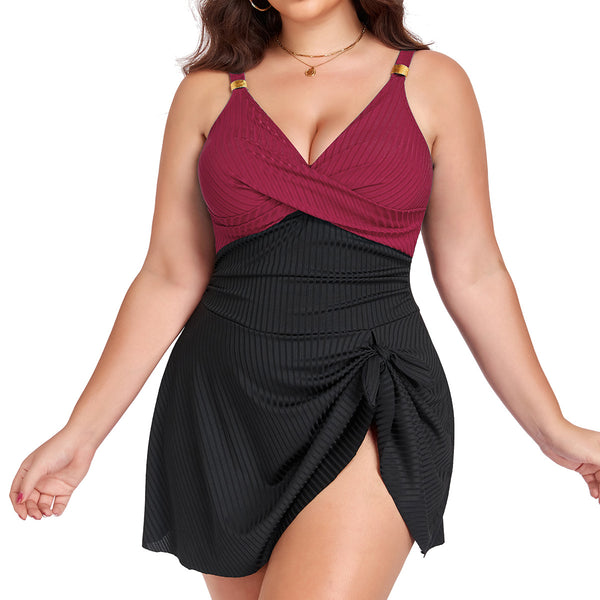 Maroon Solid Deep V One Piece Swimsuit
