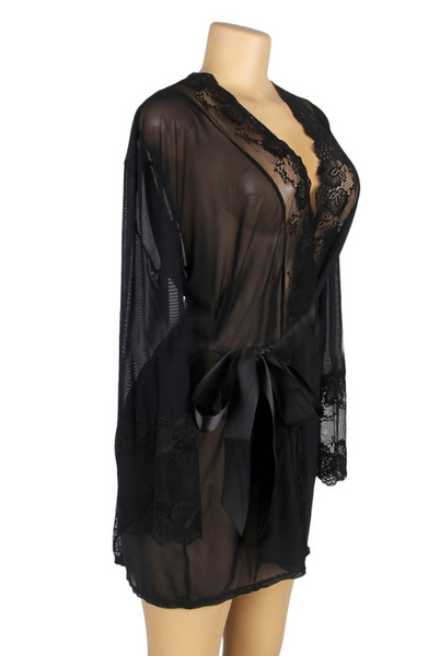 Black Lace Sexy Hollow Out Back Design Robe Lingerie with Panties