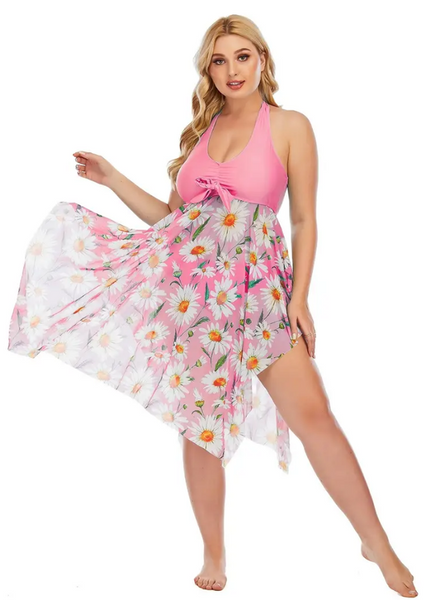 Plus Size Floral Print Irregular Hem Dress & Panty Swimsuit Set Pink