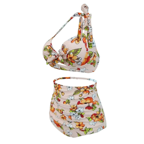 Plus Size Floral Hollow Out High Waist Bikini Set multicolour