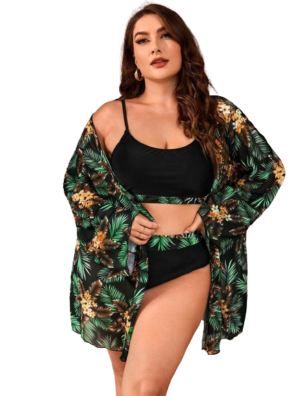 Plus Tropical Print Bikini Set 3 Piece Swimsuit Dark Green