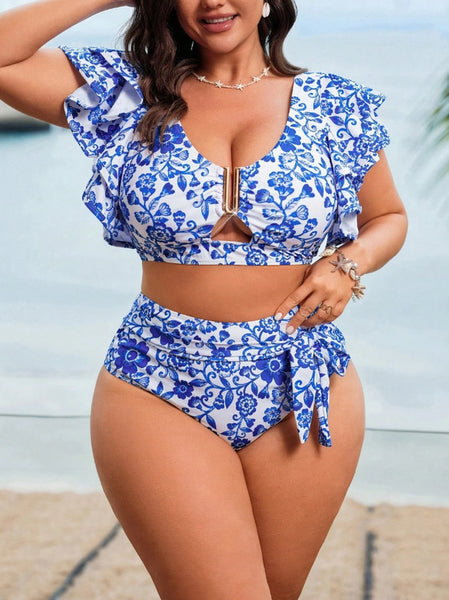 Blue Floral Ruffle Bikini Set