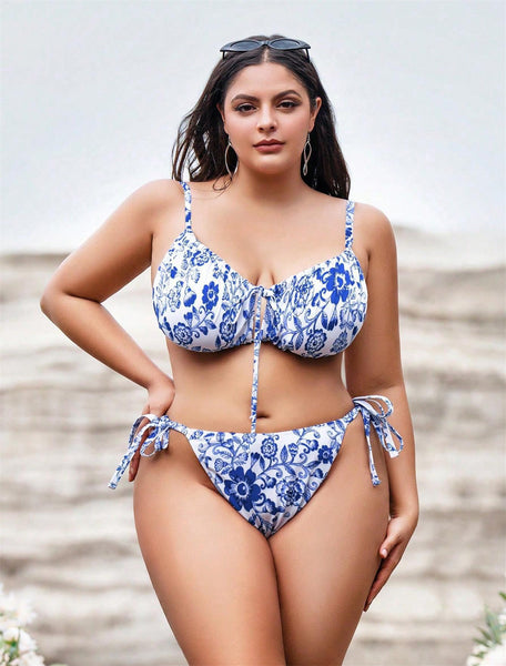 Blue Floral Tie Side Bikini Set