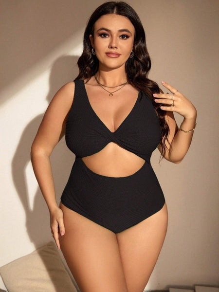 Black Solid Cut Out One Piece Swimsuit With Sarong