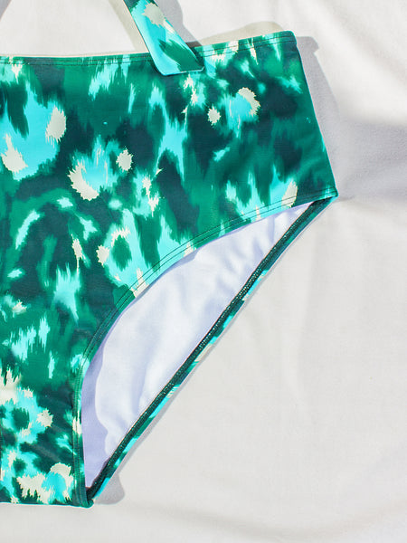 Dark Green Abstract High Waisted Bikini Set With Kimono Cover Up