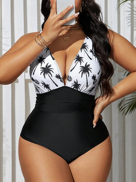 Multicolor Tropical Deep V One Piece Swimsuit
