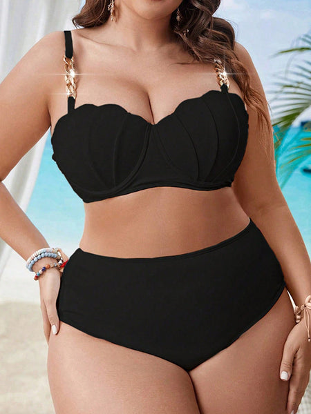 Black Solid High-Waisted Bikini Set With Sarong