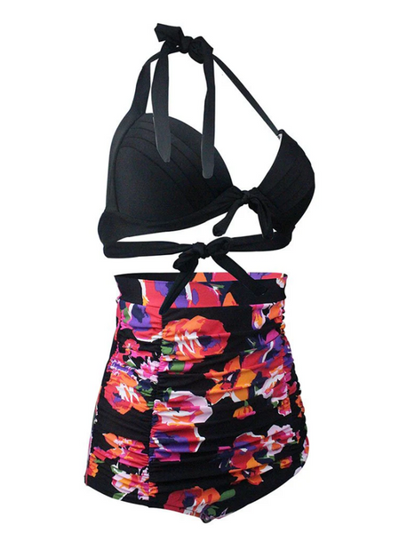 Plus Size Black Floral Print Halter Backless Retro Style Bikinis Swimwear
