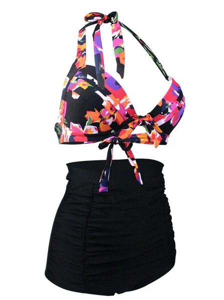 Plus Size Multicolor Floral Print Halter Backless Style Bikinis Swimwear