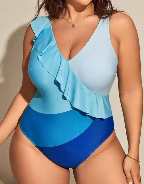 Blue Colorblock Ruffle One-Piece Swimsuit