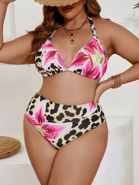Multicolor Mixed Print Halter Bikini Set