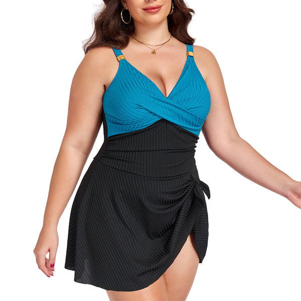 Blue Solid Deep V One Piece Swimsuit