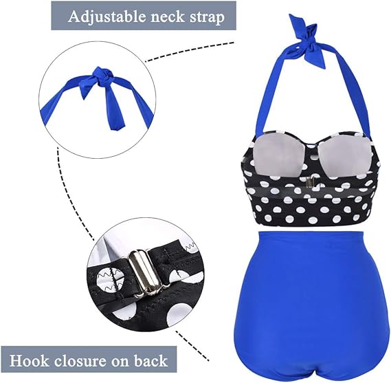 Blue Vintage Halter Push Up Polka Dot High Waist Plus Size Bikini