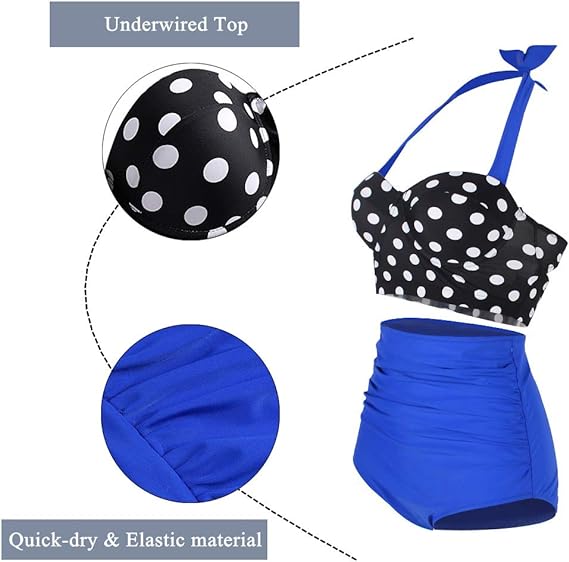 Blue Vintage Halter Push Up Polka Dot High Waist Plus Size Bikini