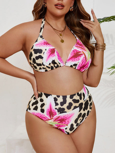 Multicolor Mixed Print Halter Bikini Set