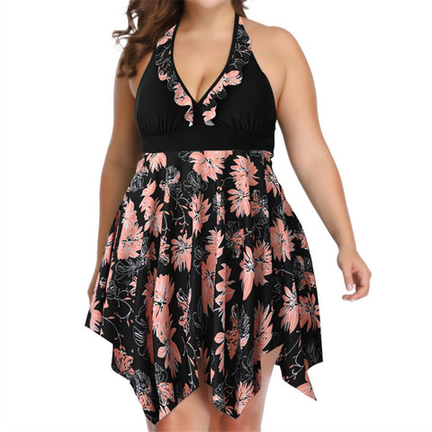 Plus Size Cream Color lace print two-piece half skirt swimsuit
