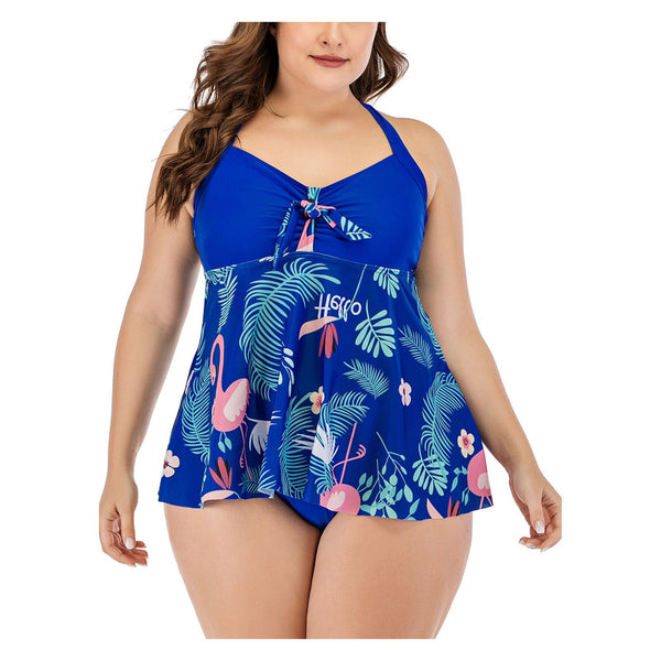 Plus Size Halter Neck Print Top Split Swimwear with Bottom Blue
