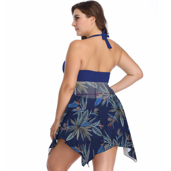 Plus Size Blue Color lace print two-piece half skirt swimsuit