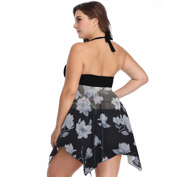 Plus Size Black Color lace print two-piece half skirt swimsuit