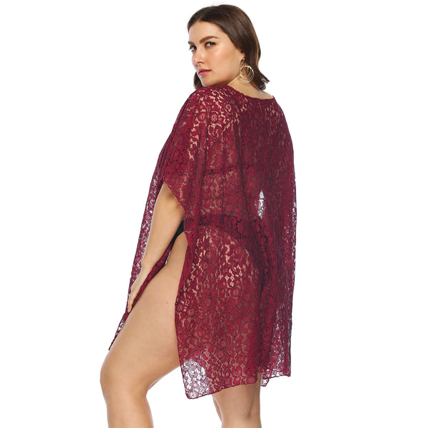 Plus Size Beachwear Cover Up Wine Red Color