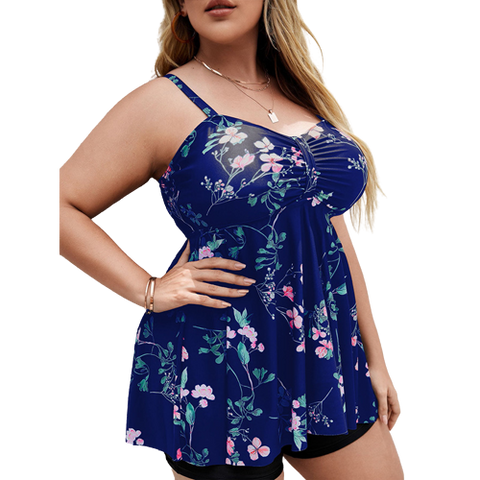 Plus Size Floral Print Orange Layered Strappy High Waisted Swimsuit