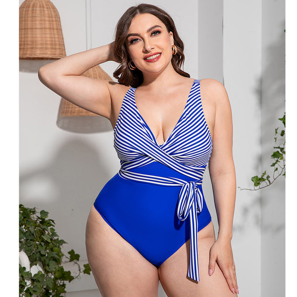 Plus Size Striped Tie-Waist One-Piece Swimsuit Blue