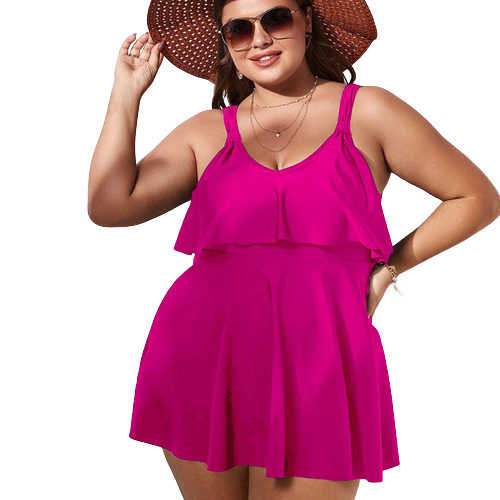 Plus Plain Pink Ruffle Hem Bikini Swimsuit