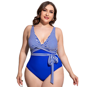 Plus Size Striped Tie-Waist One-Piece Swimsuit Blue