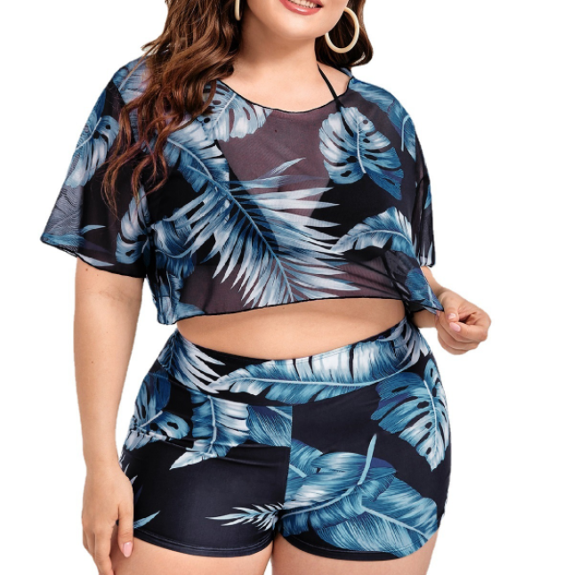 Plus 3pack Blue Tropical Print Halter Triangle Bikini Swimsuit