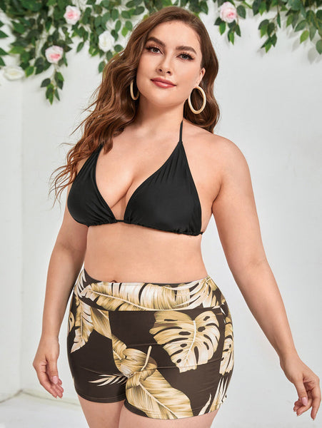 Plus 3pack Brown Tropical Print Halter Triangle Bikini Swimsuit