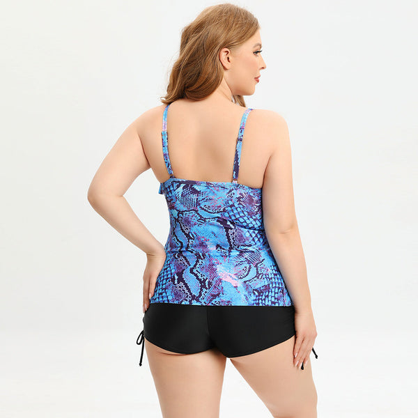 Plus Size Floral Print Blue Layered Strappy High Waisted Swimsuit