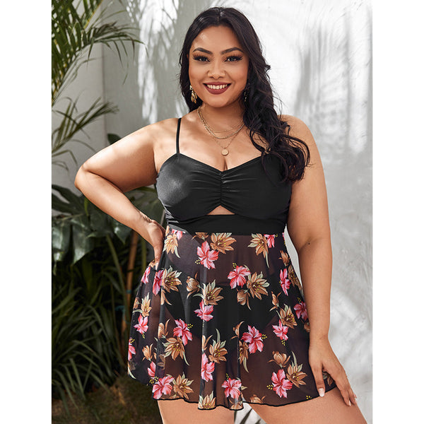 Plus Sexy Black Print Sling Skirt Split Bikini Swimsuit Set