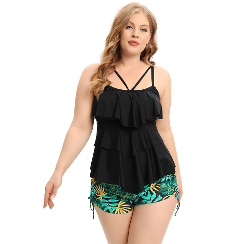 Plus Size Floral Print Black Layered Strappy High Waisted Swimsuit