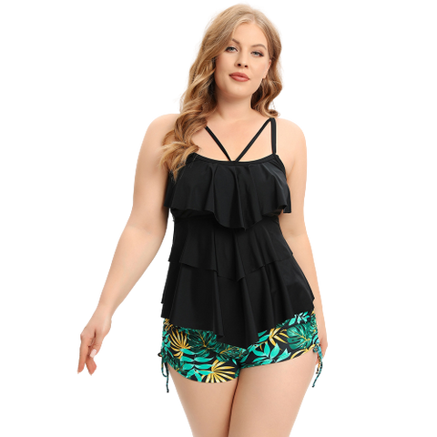Plus Size Floral Print Black Layered Strappy High Waisted Swimsuit