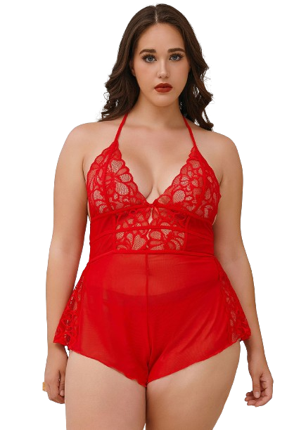 Fiery Red Plus Size Lace Backless Halter Neck Teddy Lingerie