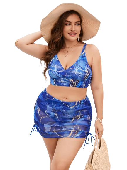Plus Size Marble Print Bikini Swimsuit With Beach Skirt Blue