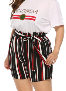 Plus Size Black/Red Striped Bowknot Tie Loose Shorts Casual Palazzo Pants